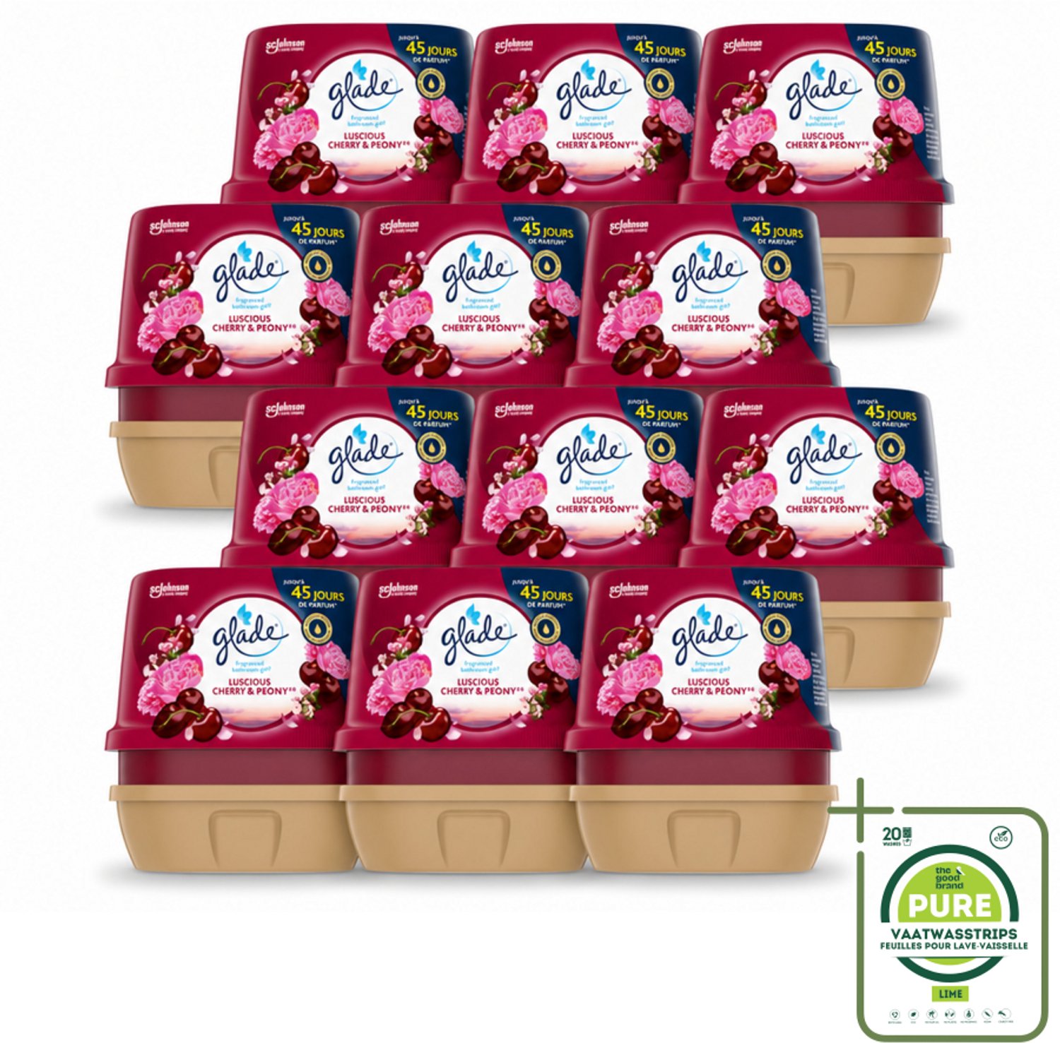 12 x Glade - Badkamer Gel - Luscious Kers & Pioenroos - 180 g - Grootverpakking - Vaatwasstrips - Geur Gel Badkamer - Bloemige Geur - Frisse Geur - Kersen En Pioenrozen - Geur In Huis