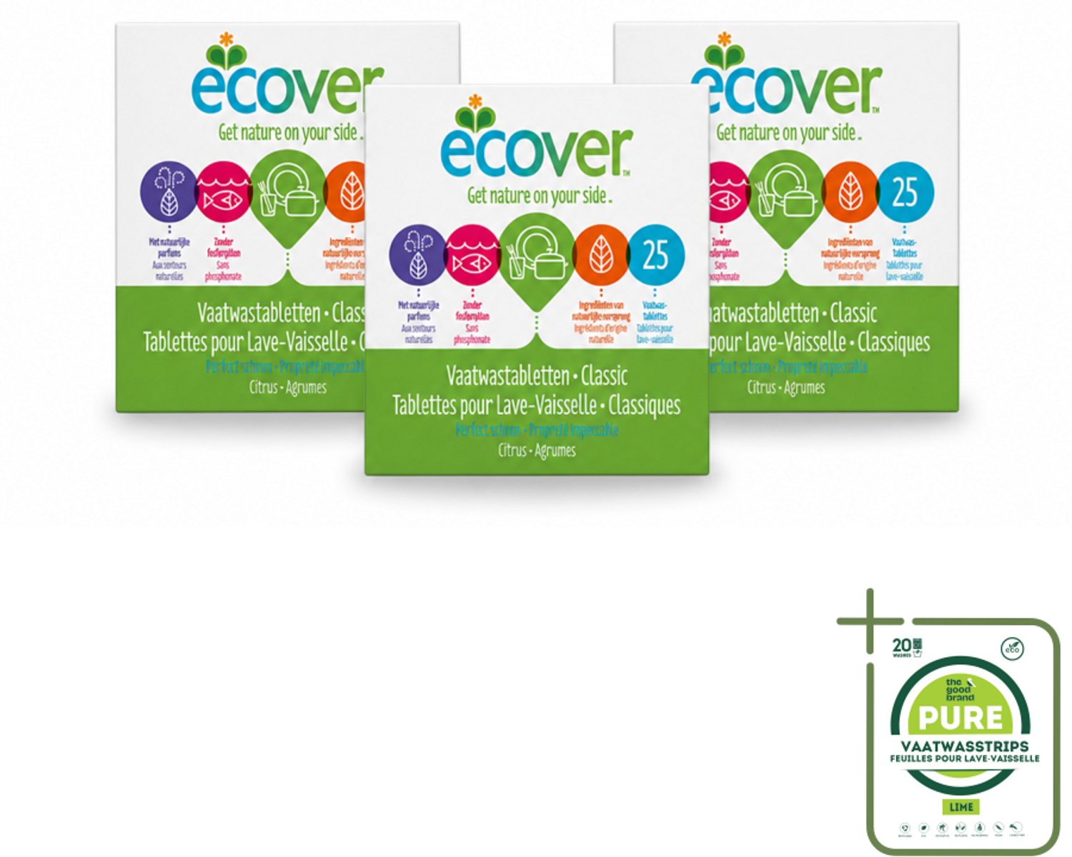 3 x Ecover - Vaatwastabletten Classic - 25 Tabs - Grootverpakking - Vaatwasstrips - Vaatwasmiddel - Vaatwastablet - Plantaardig Schoonmaken - Fosfaatvrij - Biologisch Afbreekbaar