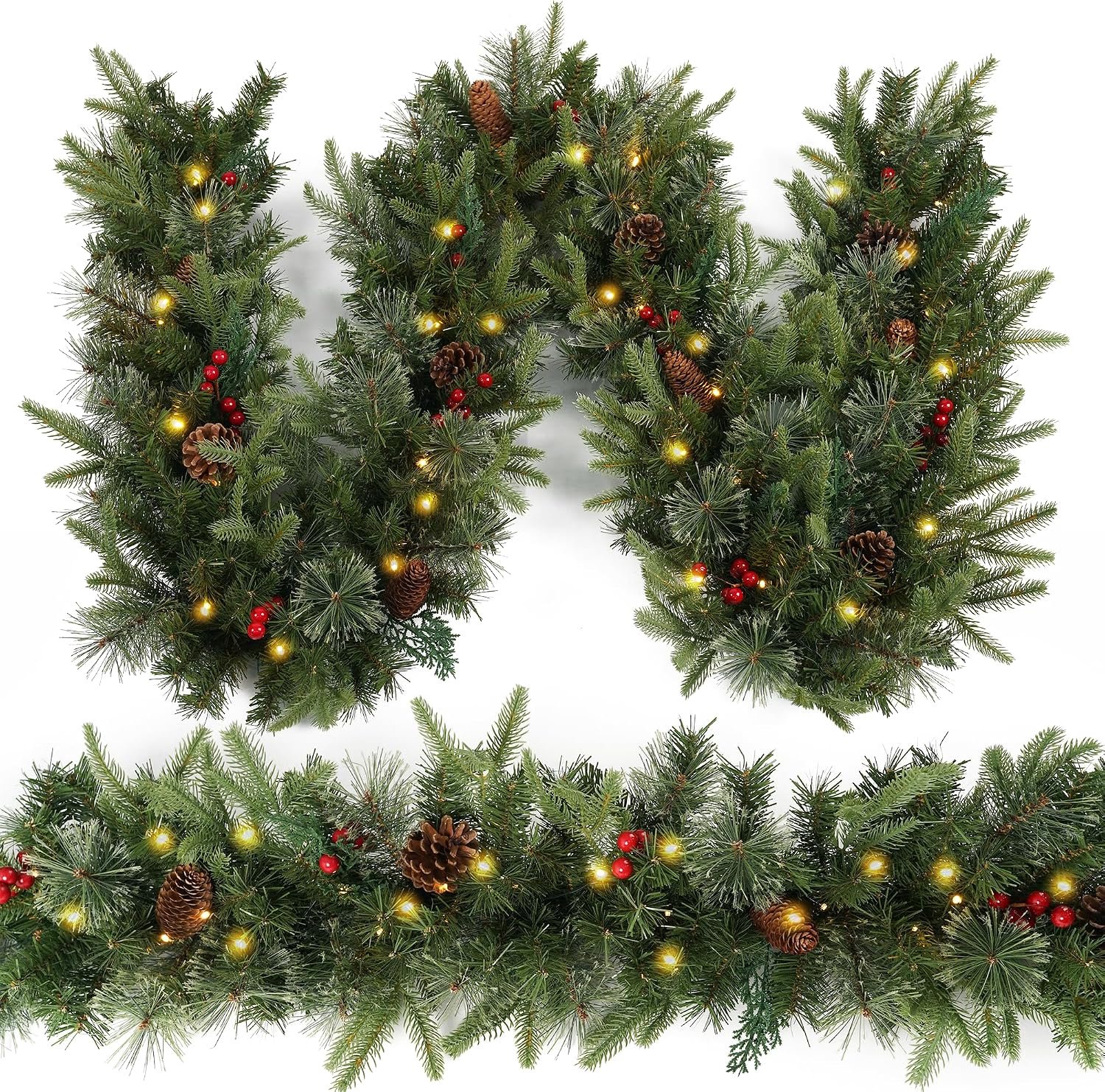 Kerstslinger, voorlicht 9 voet met 50 lichtjes, kerstdecoratie met 50 lichte dennenappels, rode bessen, timer voor manteltrap, binnen en buiten