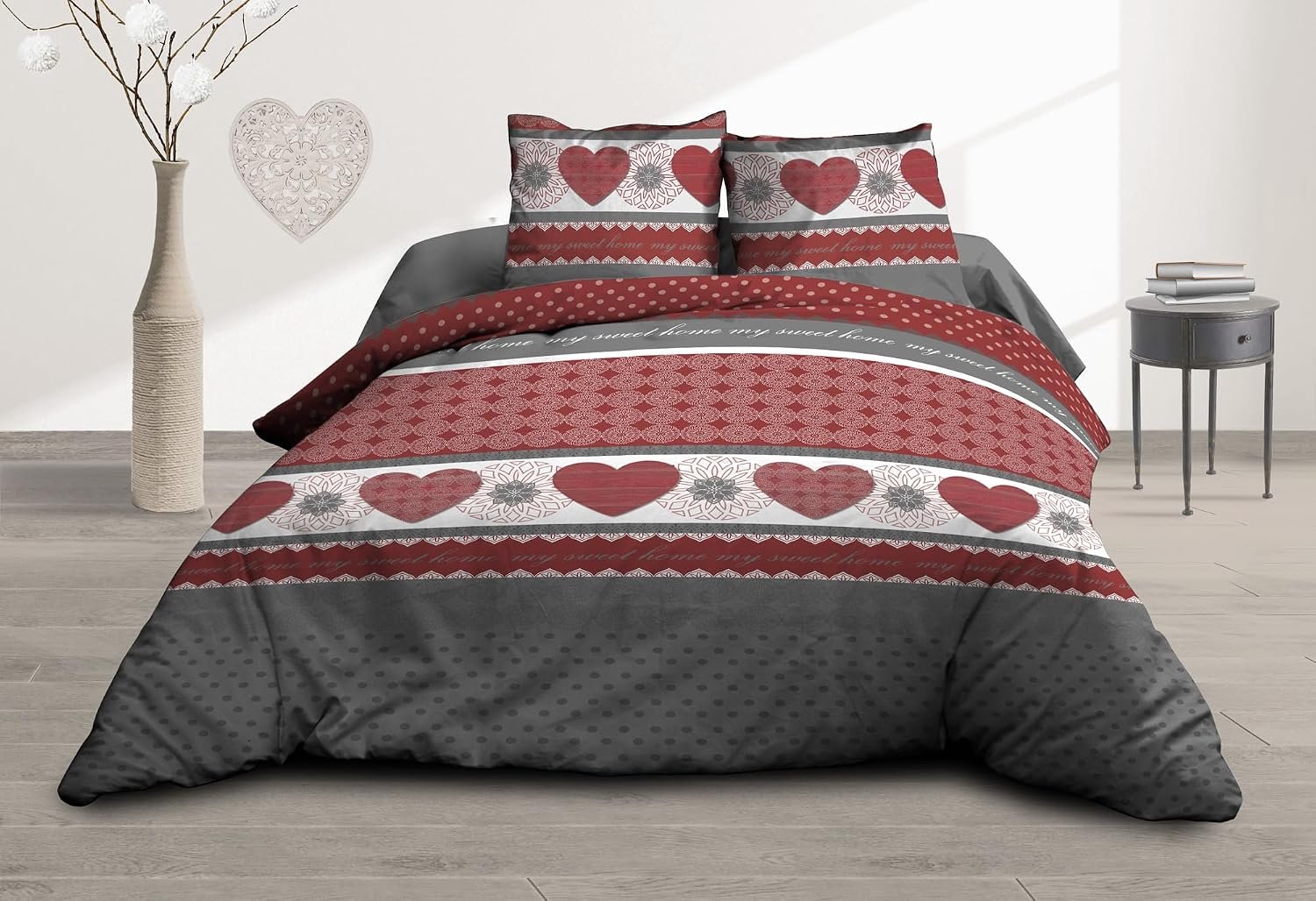 Le linge de Jules Bedlaken + hoeslaken, 160 x 200 cm + 2 T, puur katoen, 57 draden/cm², rode harten