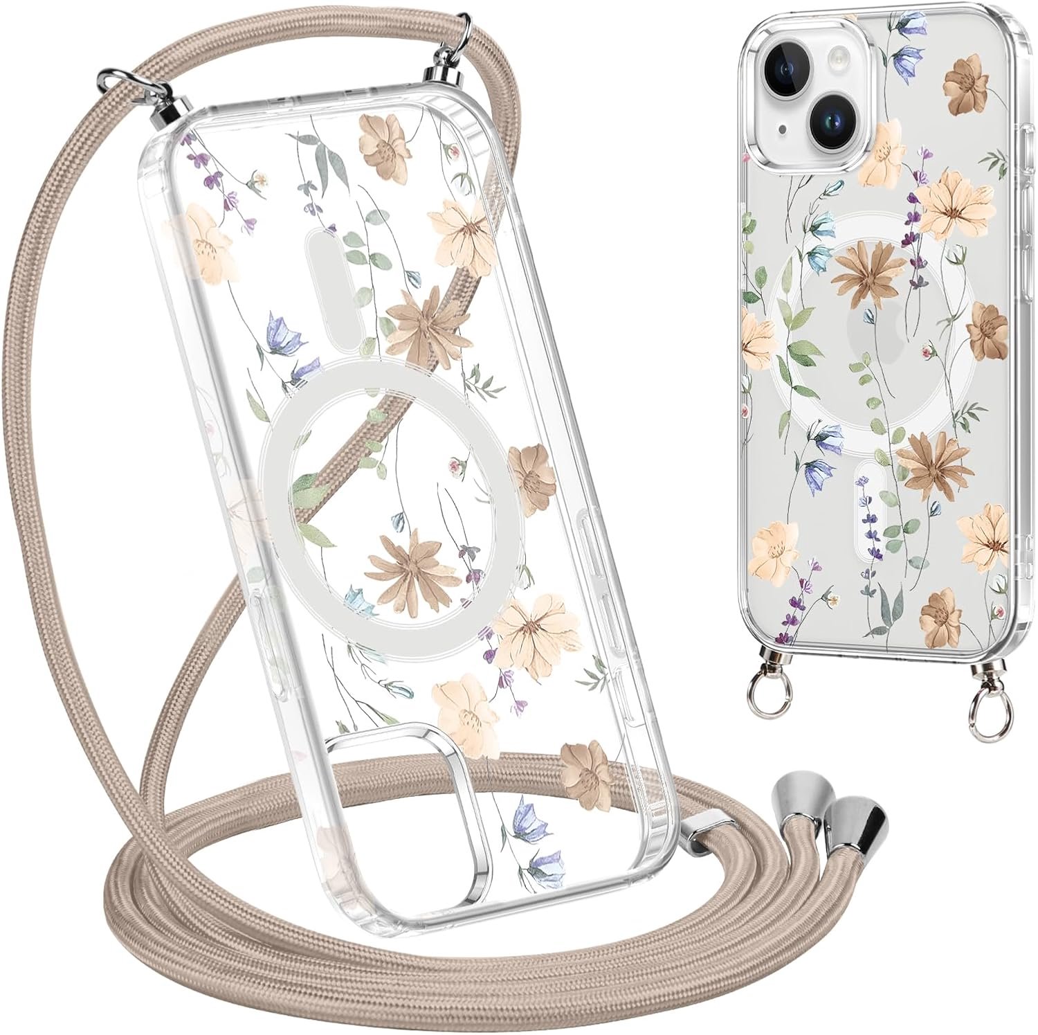 Beschermhoes met koord voor iPhone 13 Mini 5,4 inch, esthetische bloemenmotief, magnetisch, transparant, polycarbonaat, compatibiliteit met MagSafe Cover met ophangkoord, schokbestendige