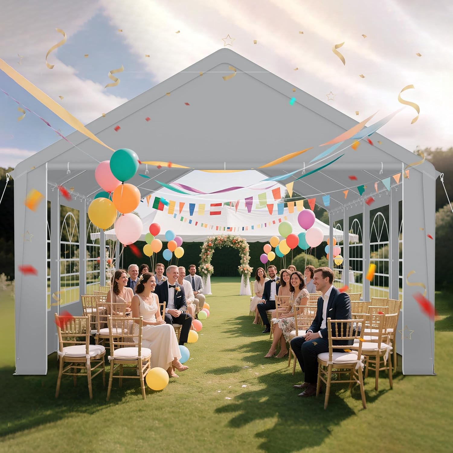 Froadp Partytent, 4 x 8 m, paviljoen, tuintent met zijwanden en ramen, waterdicht en uv-bestendig, stabiel tuinpaviljoen, feesttent voor bruiloft, feest, barbecue, binnen en buiten, grijs