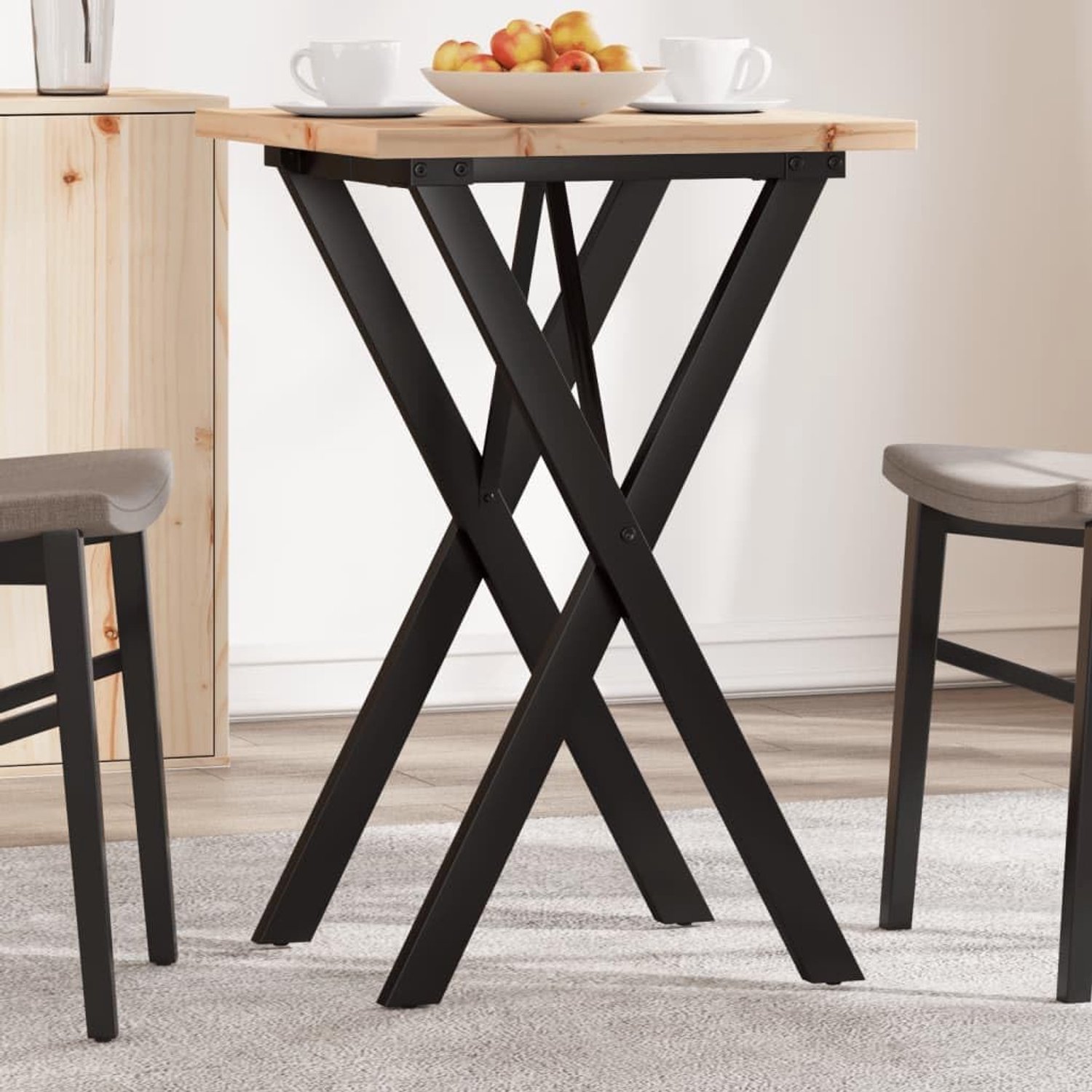 Eettafel met X-frame en X-voet van massief grenen en staal, 50 x 50 x 75,5 cm, robuust tafelblad voor stabiel en duurzaam gebruik in de eetkamer