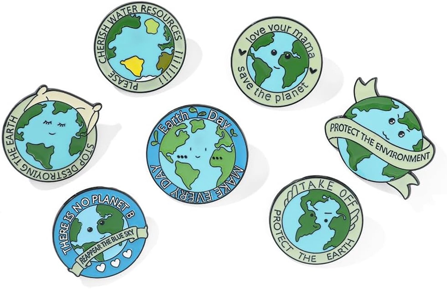 Wereld Aarde Dag Activiteiten Set met 7 Earth Guardian Emaille Reversspeldjes - Milieuvriendelijke Ronde Metalen Reversspeldjes, Metaal, geen edelsteen