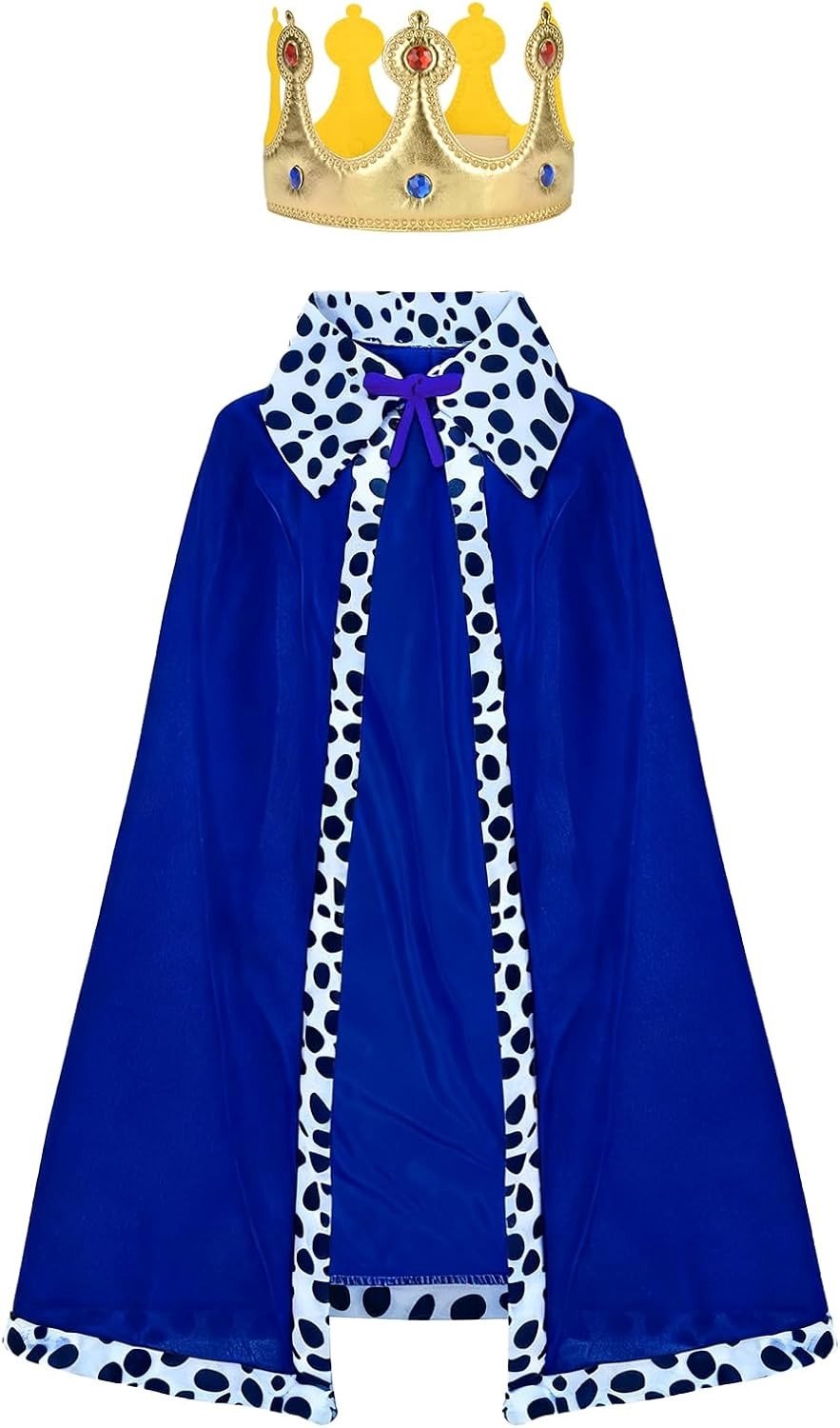 Middeleeuwse Cape met Kap voor Volwassenen en Kinderen, Koning en Koningin Kostuum voor Halloween, Kerst en Carnaval, Rood en Blauw, Luxe Verkleedkleding