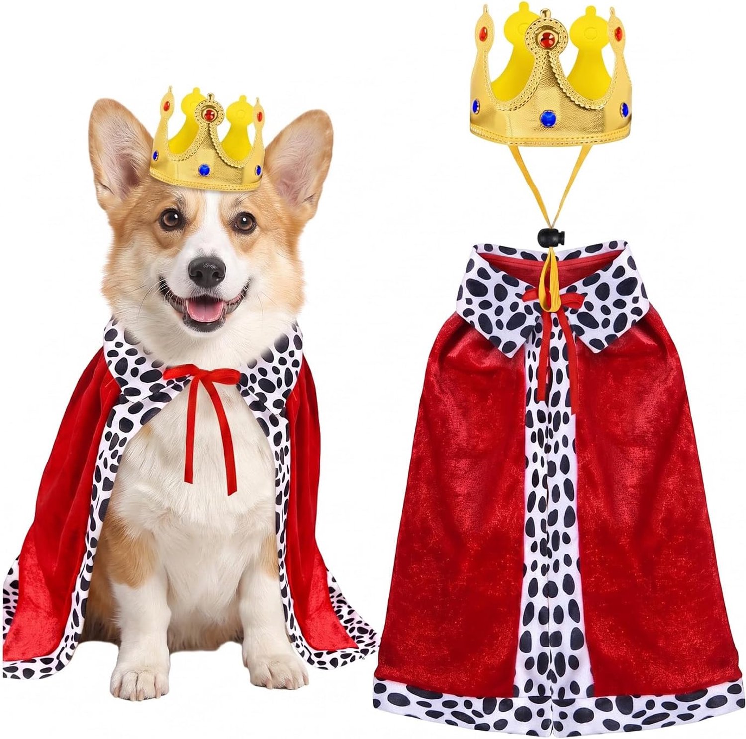 Koningskostuum voor hond en kat, rode cape met verstelbare kroon (40 cm), Halloween-kostuum en feestpak voor kleine huisdieren, zachte en comfortabele cosplay-accessoires voor kittens en