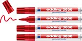 edding 3000 permanent marker - rood - 4 stiften - ronde punt 1,5-3 mm - water en wrijfvast - voor karton, kunststof, hout, metaal, etc. - alcohol markers voor volwassenen