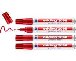 edding 3000 permanent marker - rood - 4 stiften - ronde punt 1,5-3 mm - water en wrijfvast - voor karton, kunststof, hout, metaal, etc. - alcohol markers voor volwassenen