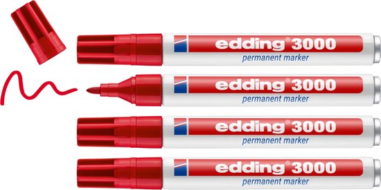 Vier rode edding 3000 permanente markers met ronde punt, met rode inktlijn.