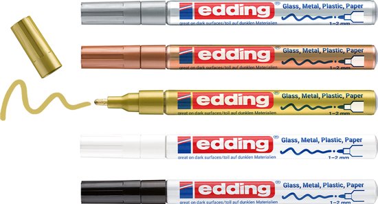 Edding glanslakmarkers, ronde punt, 1-2 mm, in metallic zilver, koper, goud, wit en zwart.