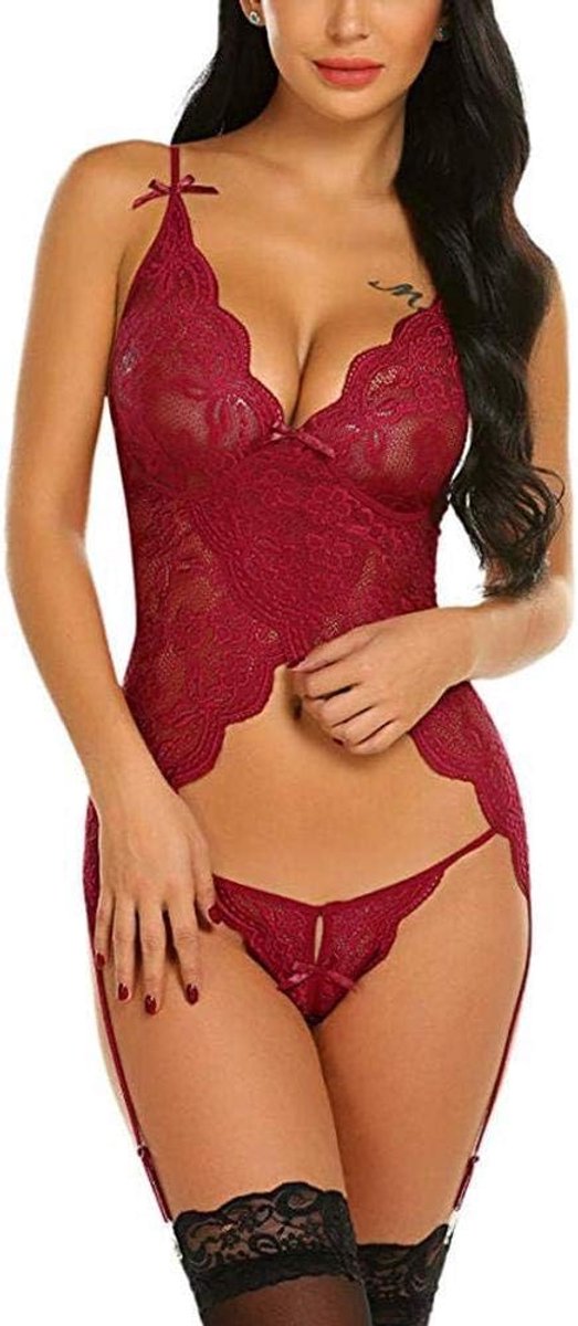 Klassiek Bh set Jarretellegordel en Kous LingerieDames Ondergoed Set Lingerie Set dame Kanten V-hals Bodysuit Ondergoed String Met Kousenband Lingerie Set-Red_XL