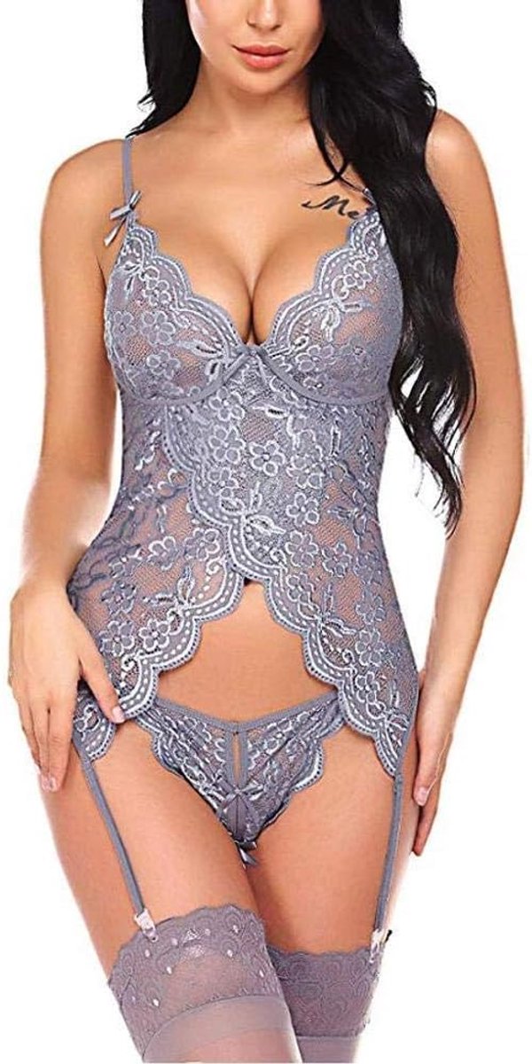 Lingerie voor Kanten Kimono Nachthemd Ondergoed Sexy Lingerie Nachtkleding Kant met String Nachtkleding JurkDames Ondergoed Set Lingerie Set dame Kanten V-hals Bodysuit Ondergoed String Met Kousenband Lingerie Set-Grey_XL