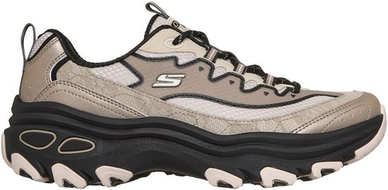 Zijzicht van een taupe en beige sneaker met zwarte zool en veters.