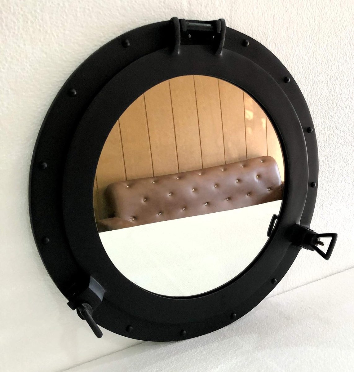 12"Spiegel Patrijspoort Zwart Poeder Gecoat Muurschildering Decoratieve Nautische Opknoping voor Thuis