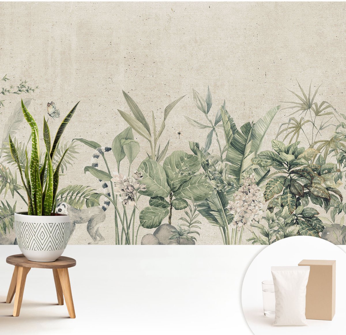 Wallfluent Fotobehang - Beige Vliesbehang - 208x146 cm - Tropische Jungle Fotobehang Vlies - Woonkamer behang Bloemen En Planten - Muurschildering - Hal behang