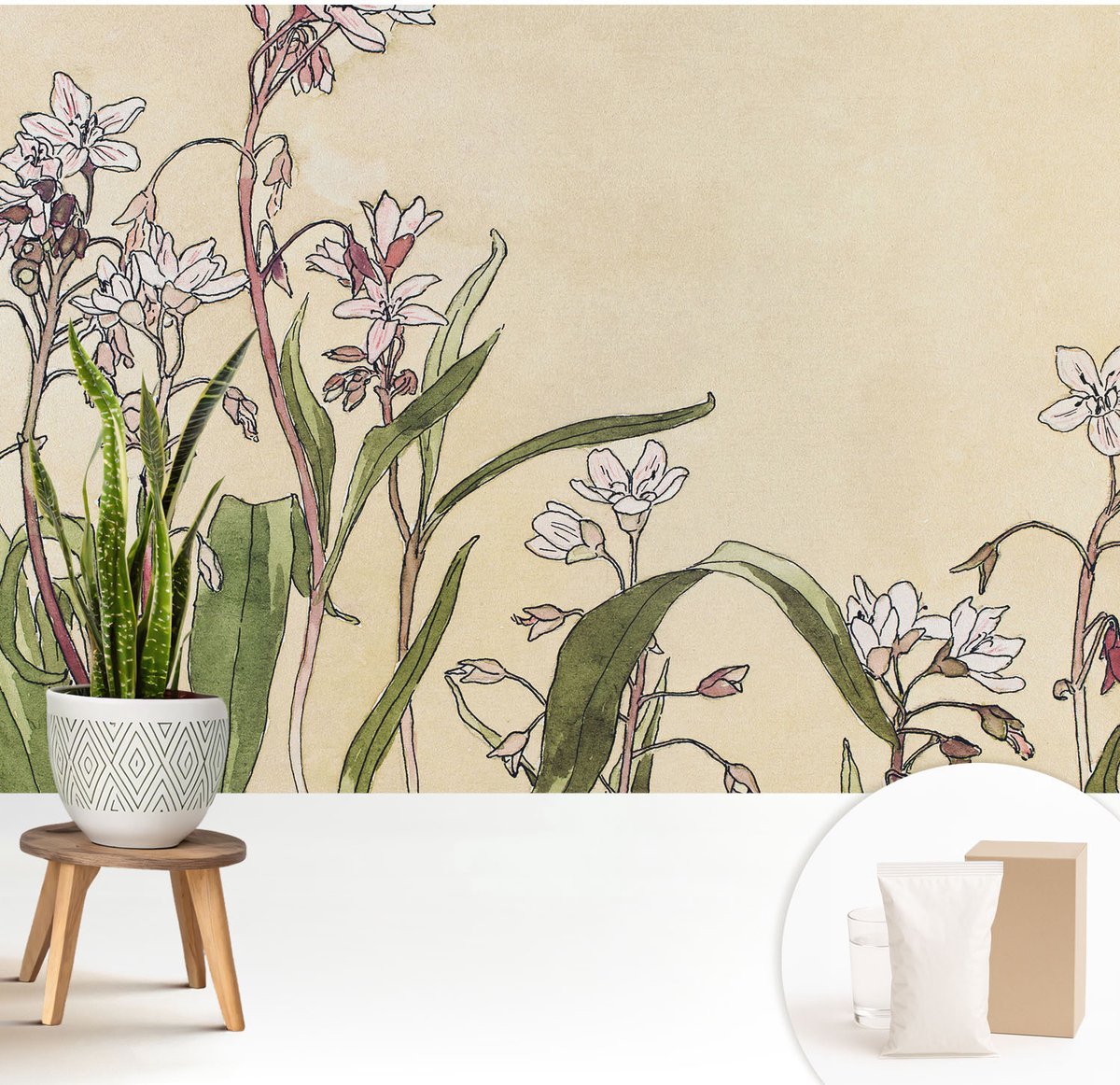 Wallfluent Fotobehang - Wit Vliesbehang - 208x146 cm - Bloemige Elegantie Muurschildering - Gang behang Bloemen En Planten - Fotobehang Vlies - Slaapkamer behang