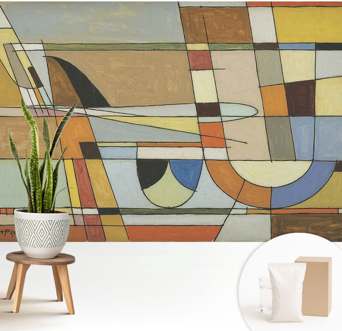 Wallfluent Fotobehang - Geel Vliesbehang - 208x146 cm - Geometrische Harmonie Muurschildering - Slaapkamer behang Deel - Fotobehang Vlies - Slaapkamer behang