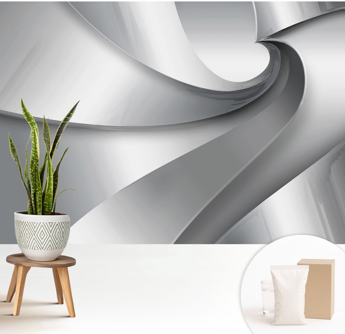 Wallfluent Fotobehang - Grijs Vliesbehang - 208x146 cm - Geometrische Spiralen Fotobehang Vlies - Woonkamer behang Abstractie - Muurschildering - Hal behang