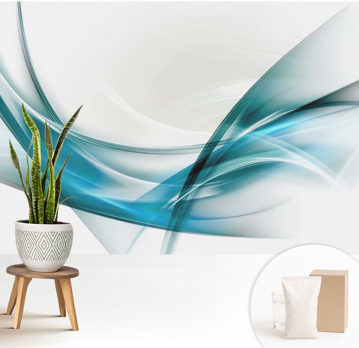 Wallfluent Fotobehang - Wit Vliesbehang - 208x146 cm - Blauwe Golven Fotobehang Vlies - Hal behang Abstractie - Muurschildering - Woonkamer behang