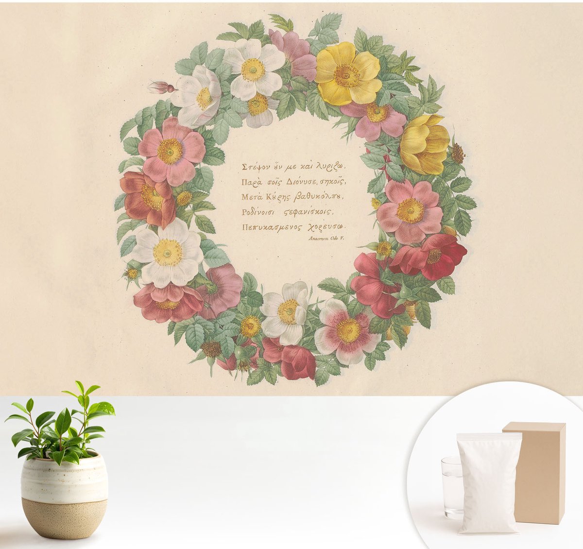 Wallfluent Fotobehang - Grijs Vliesbehang - 104x70 cm - Bloemenkrans Muurschildering - Slaapkamer behang Bloemen En Planten - Fotobehang Vlies - Slaapkamer behang