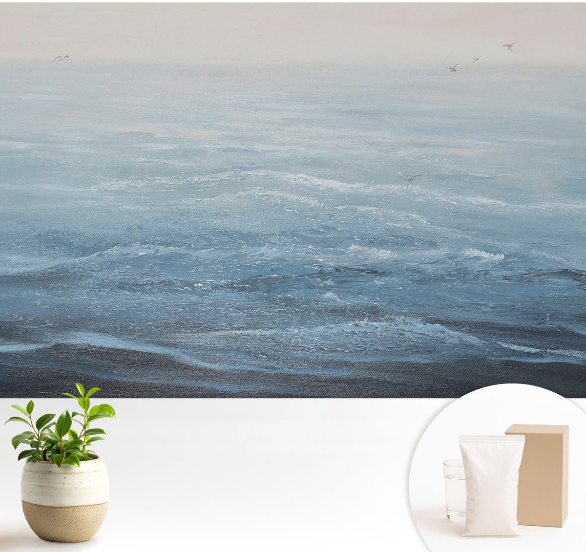 Wallfluent Fotobehang - Blauw Vliesbehang - 104x70 cm - De Zee Is Kalm. Muurschildering - Slaapkamer behang Landschappen - Fotobehang Vlies - Slaapkamer behang