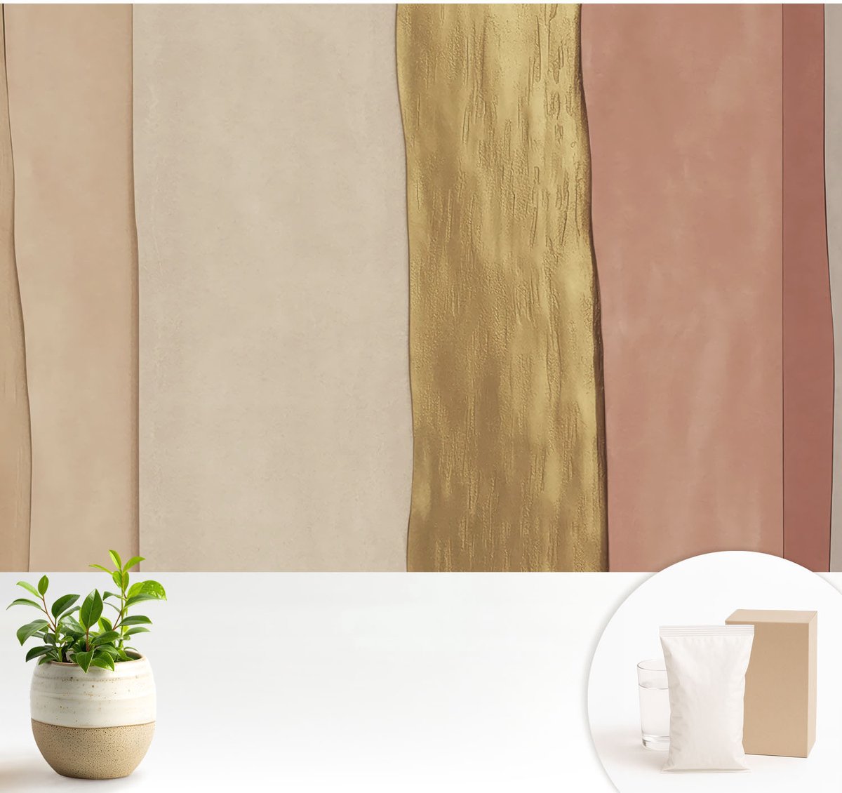Wallfluent Fotobehang - Beige Vliesbehang - 104x70 cm - Golvende Strepen Fotobehang Vlies - Woonkamer behang Texturen - Muurschildering - Woonkamer behang