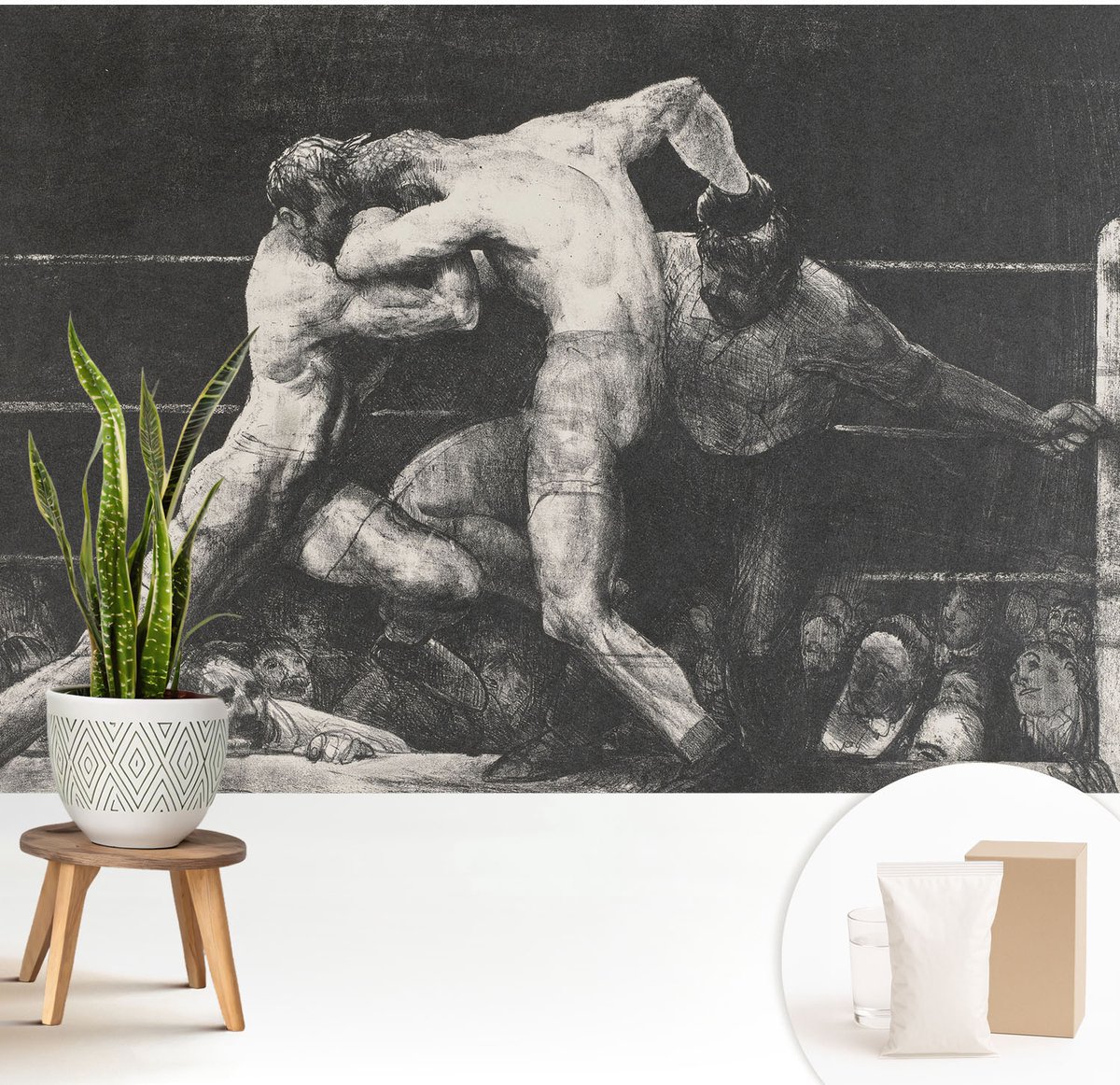 Wallfluent Fotobehang - Zwart Vliesbehang - 208x146 cm - Boksersduel Fotobehang Vlies - Hal behang Deel - Muurschildering - Hal behang