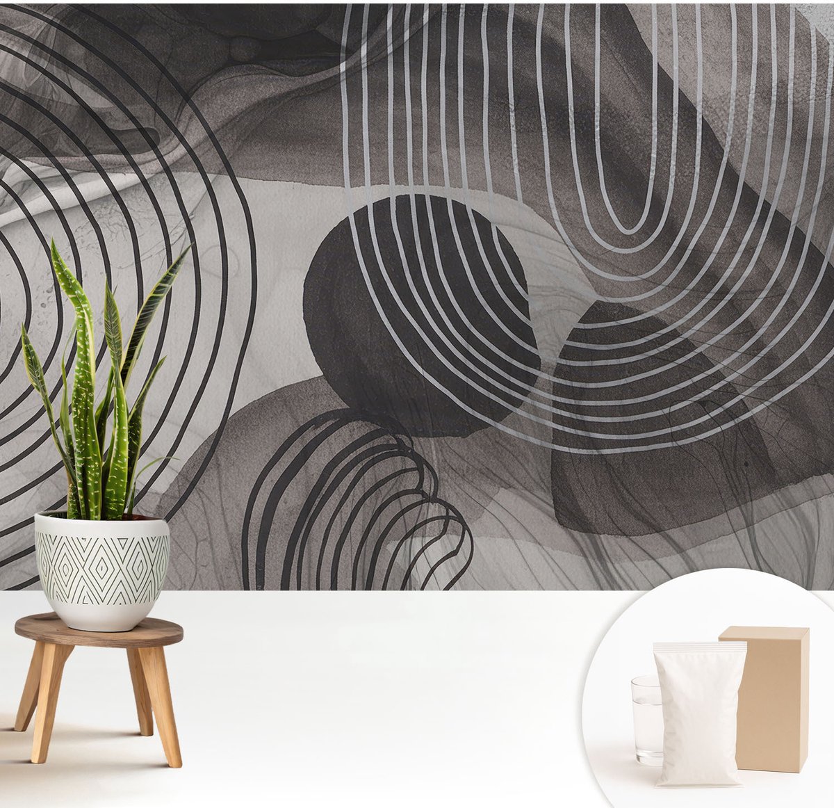 Wallfluent Fotobehang - Grijs Vliesbehang - 208x146 cm - Harmonie Van Vormen Fotobehang Vlies - Woonkamer behang Abstractie - Muurschildering - Woonkamer behang