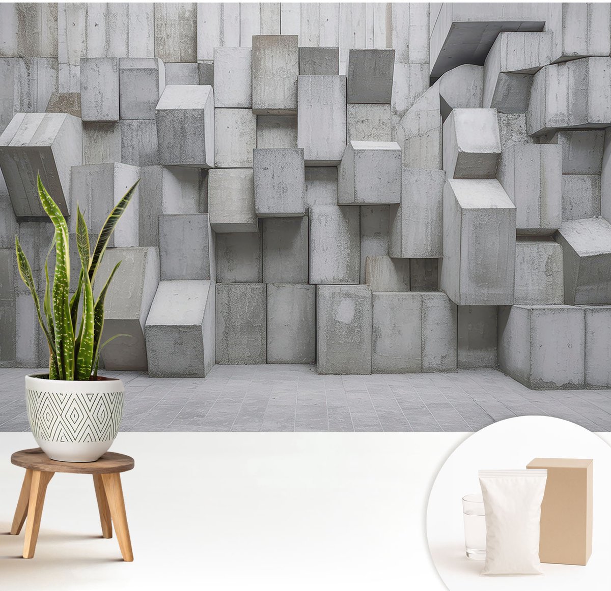 Wallfluent Fotobehang - Grijs Vliesbehang - 208x146 cm - Betonblokken Muurschildering - Gang behang Architectuur - Fotobehang Vlies - Slaapkamer behang