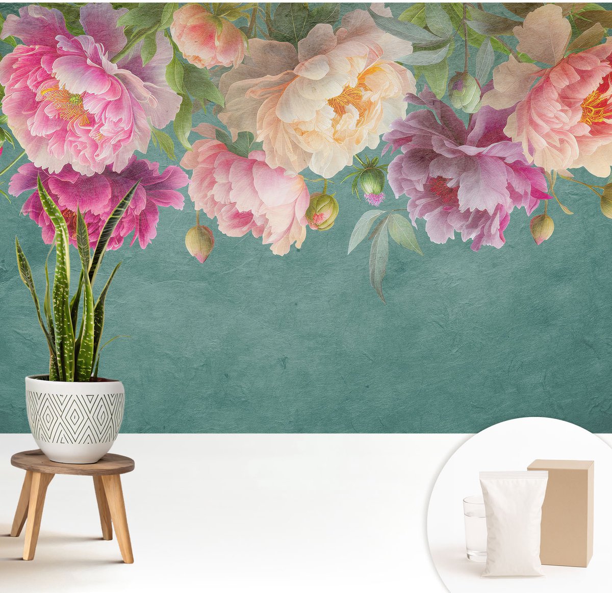Wallfluent Fotobehang - Groente Vliesbehang - 208x146 cm - Bloemige Elegantie Muurschildering - Gang behang Bloemen En Planten - Fotobehang Vlies - Slaapkamer behang