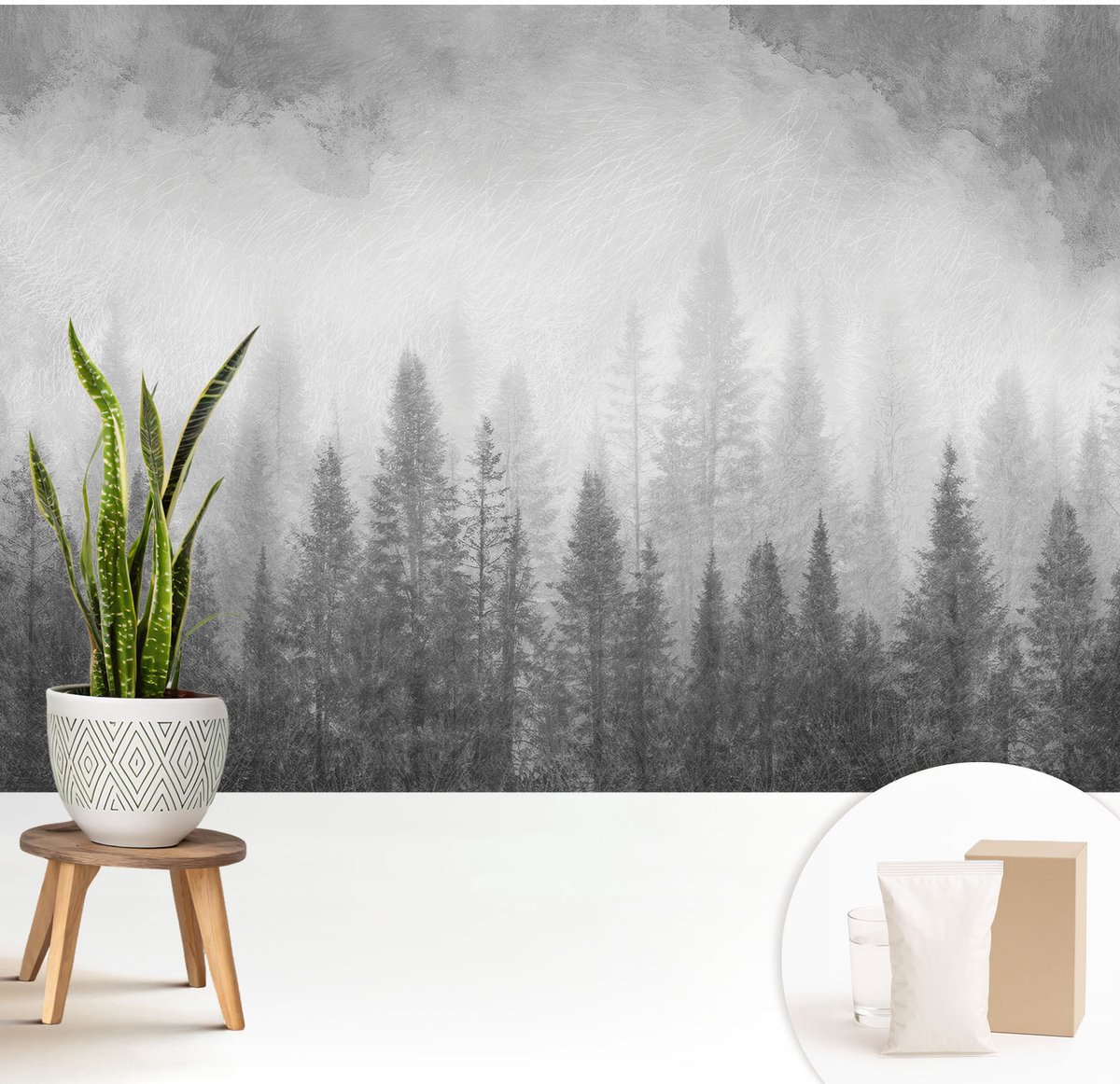 Wallfluent Fotobehang - Zwart-Wit Vliesbehang - 208x146 cm - Bosmist Fotobehang Vlies - Woonkamer behang Landschappen - Muurschildering - Woonkamer behang