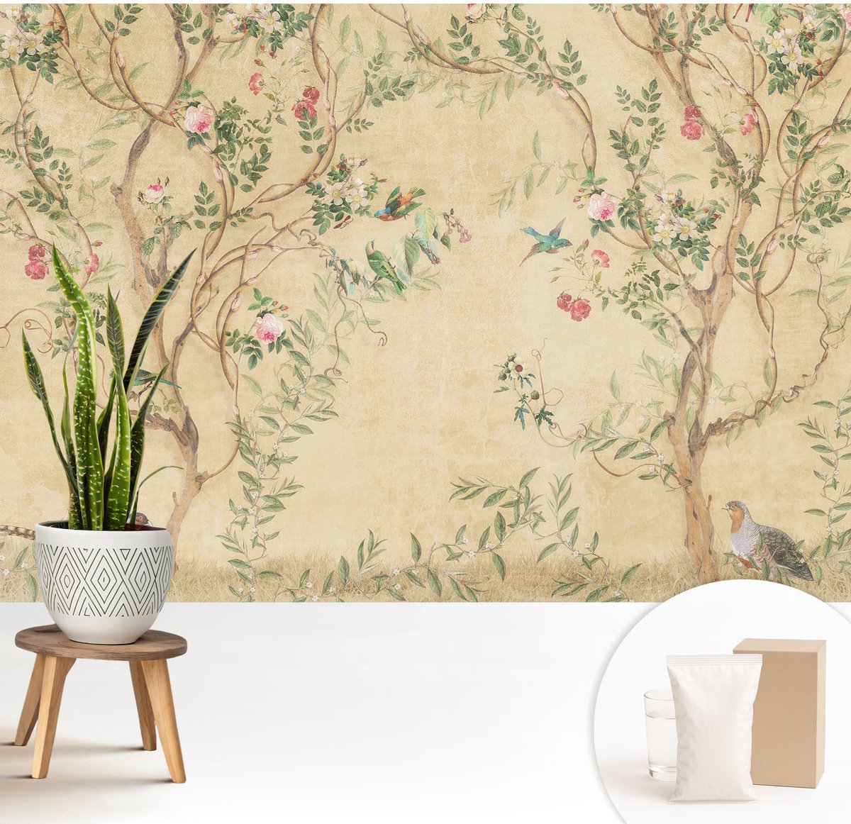Wallfluent Fotobehang - Beige Vliesbehang - 208x146 cm - Bloemaccenten Muurschildering - Gang behang Bloemen En Planten - Fotobehang Vlies - Gang behang
