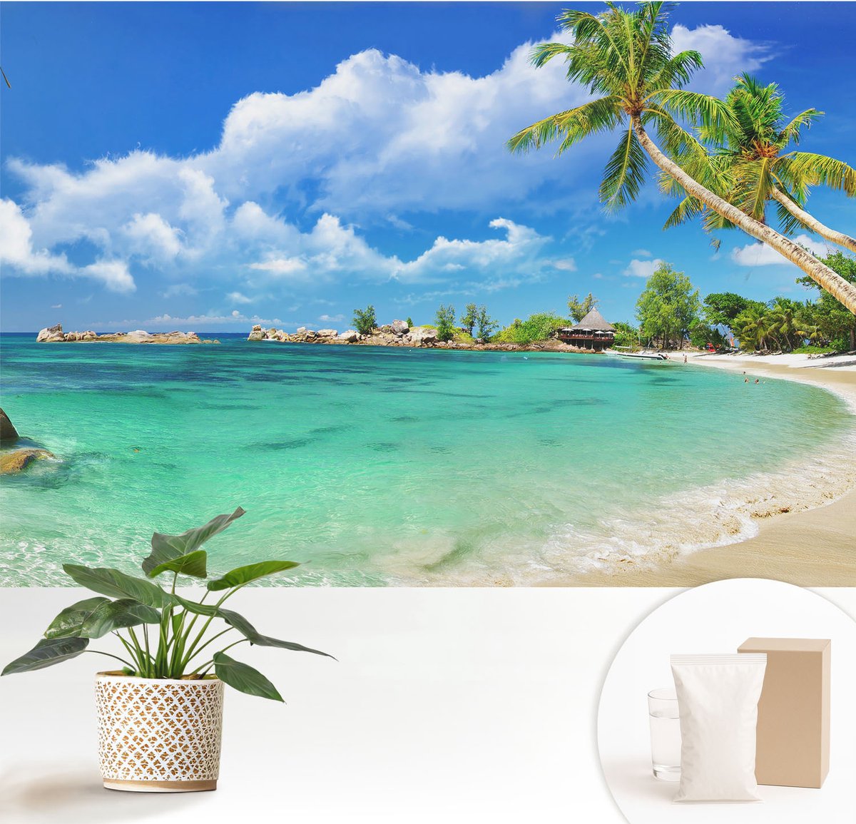 Wallfluent Fotobehang - Blauw Vliesbehang - 152x104 cm - Tropisch Paradijs Fotobehang Vlies - Hal behang Landschappen - Muurschildering - Woonkamer behang