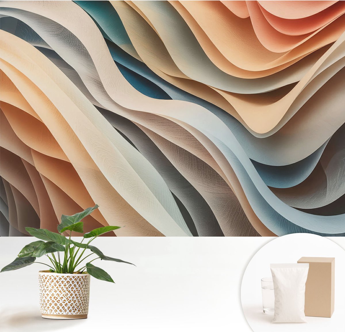 Wallfluent Fotobehang - Beige Vliesbehang - 152x104 cm - Golvende Vormen Fotobehang Vlies - Woonkamer behang Abstractie - Muurschildering - Woonkamer behang