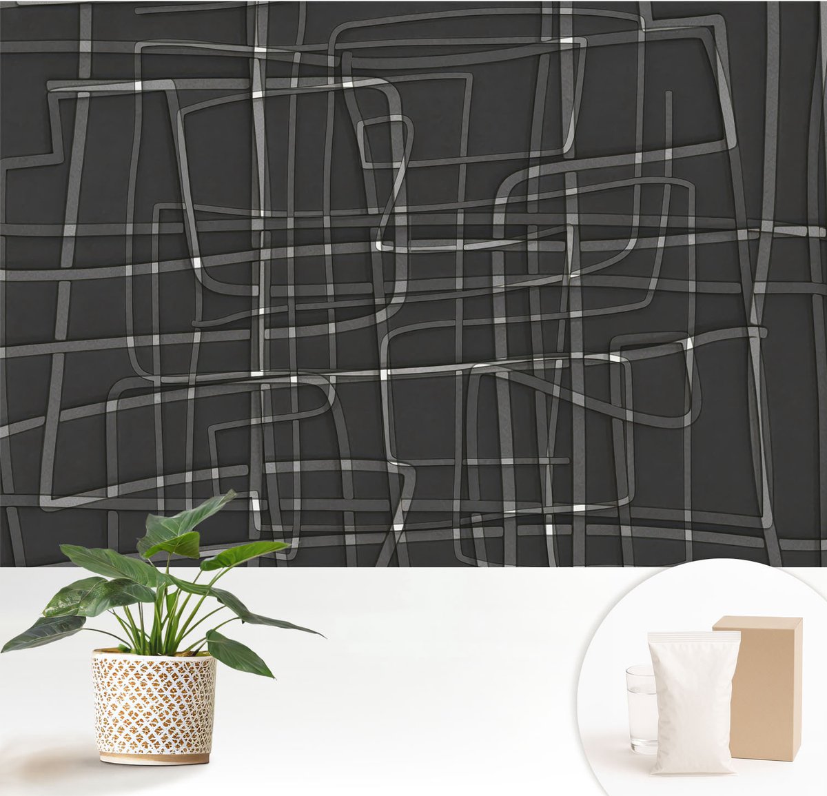 Wallfluent Fotobehang - Zwart Vliesbehang - 152x104 cm - Abstracte Lijnen Fotobehang Vlies - Woonkamer behang Abstractie - Muurschildering - Woonkamer behang