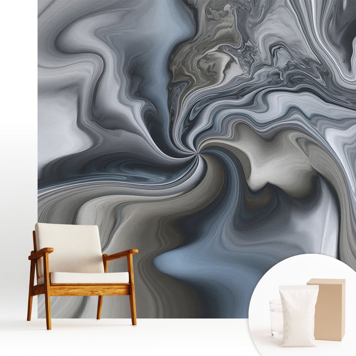Wallfluent Fotobehang - Grijs Vliesbehang - 250x250 cm - Wervelende Wolken Muurschildering - Slaapkamer behang Abstractie - Fotobehang Vlies - Slaapkamer behang