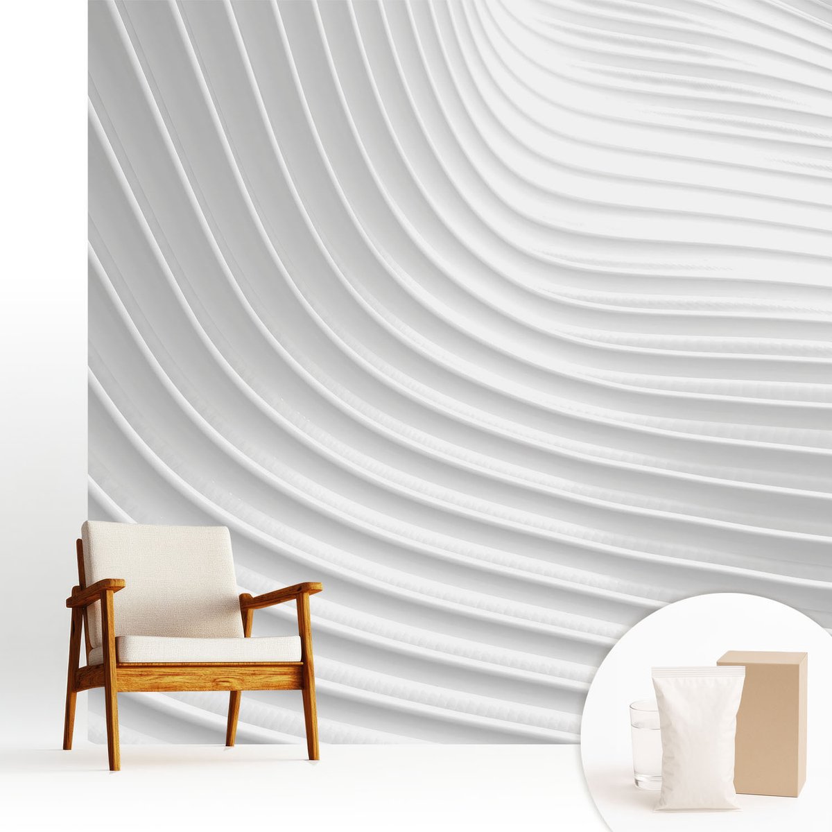 Wallfluent Fotobehang - Wit Vliesbehang - 250x250 cm - Elegante Golven Muurschildering - Slaapkamer behang Texturen - Fotobehang Vlies - Gang behang