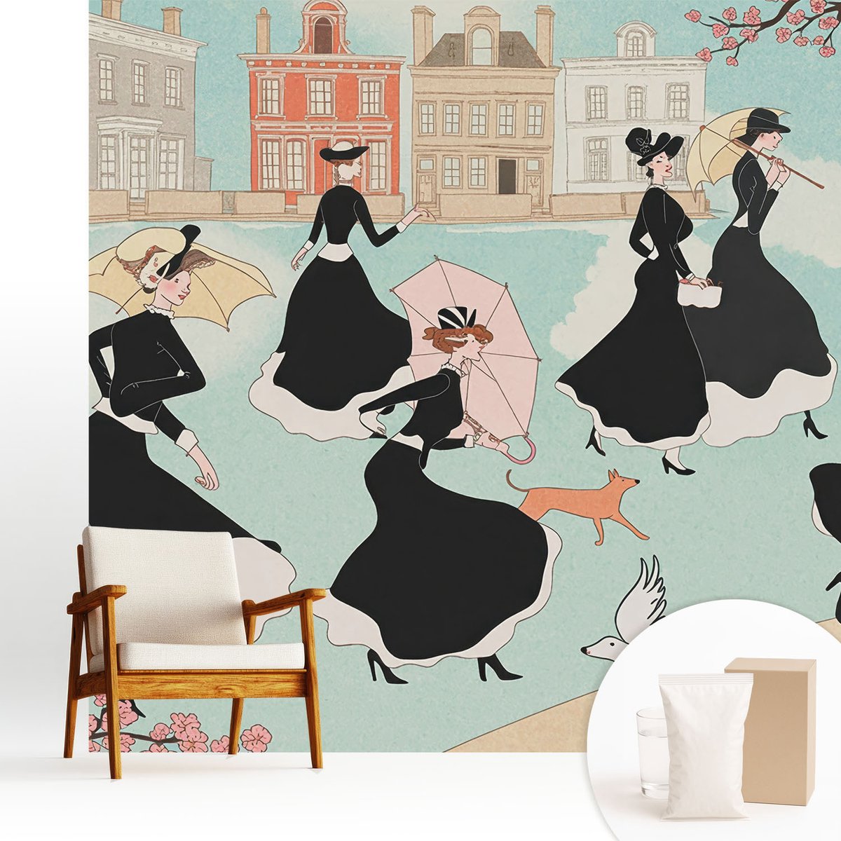 Wallfluent Fotobehang - Zwart Vliesbehang - 250x250 cm - Vrouwen Die Lopen Fotobehang Vlies - Hal behang Mensen - Muurschildering - Hal behang