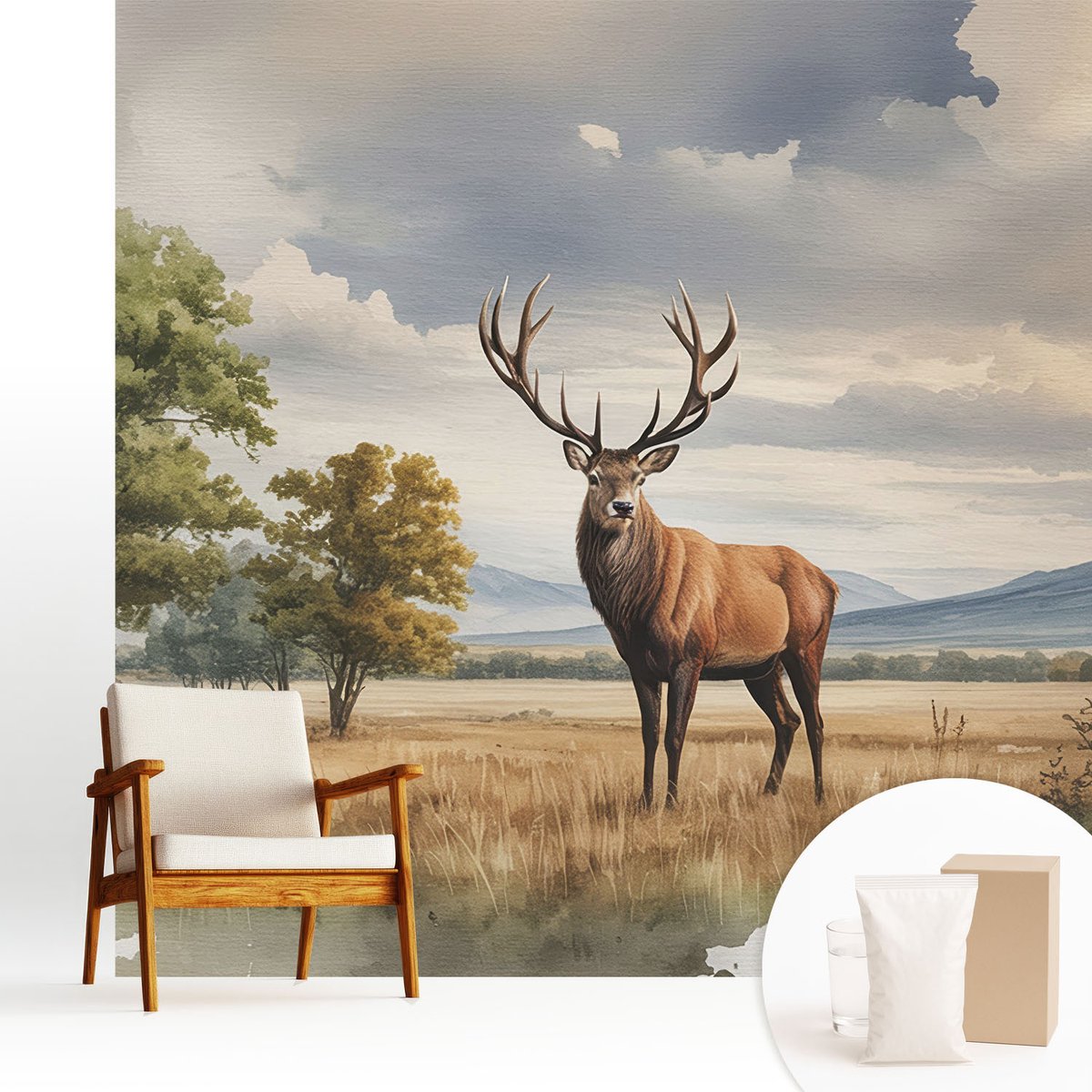 Wallfluent Fotobehang - Grijs Vliesbehang - 250x250 cm - Majestueuze Herten Muurschildering - Slaapkamer behang Landschappen - Fotobehang Vlies - Slaapkamer behang