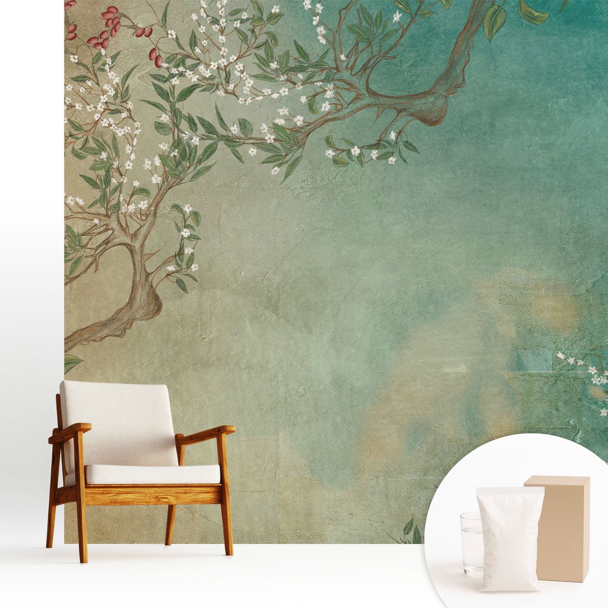 Wallfluent Fotobehang - Beige Vliesbehang - 250x250 cm - Bloemenharmonie Muurschildering - Slaapkamer behang Bloemen En Planten - Fotobehang Vlies - Slaapkamer behang