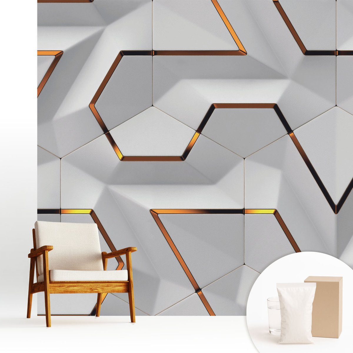 Wallfluent Fotobehang - Wit Vliesbehang - 250x250 cm - Driedimensionale Patronen Muurschildering - Gang behang Geometrie - Fotobehang Vlies - Gang behang