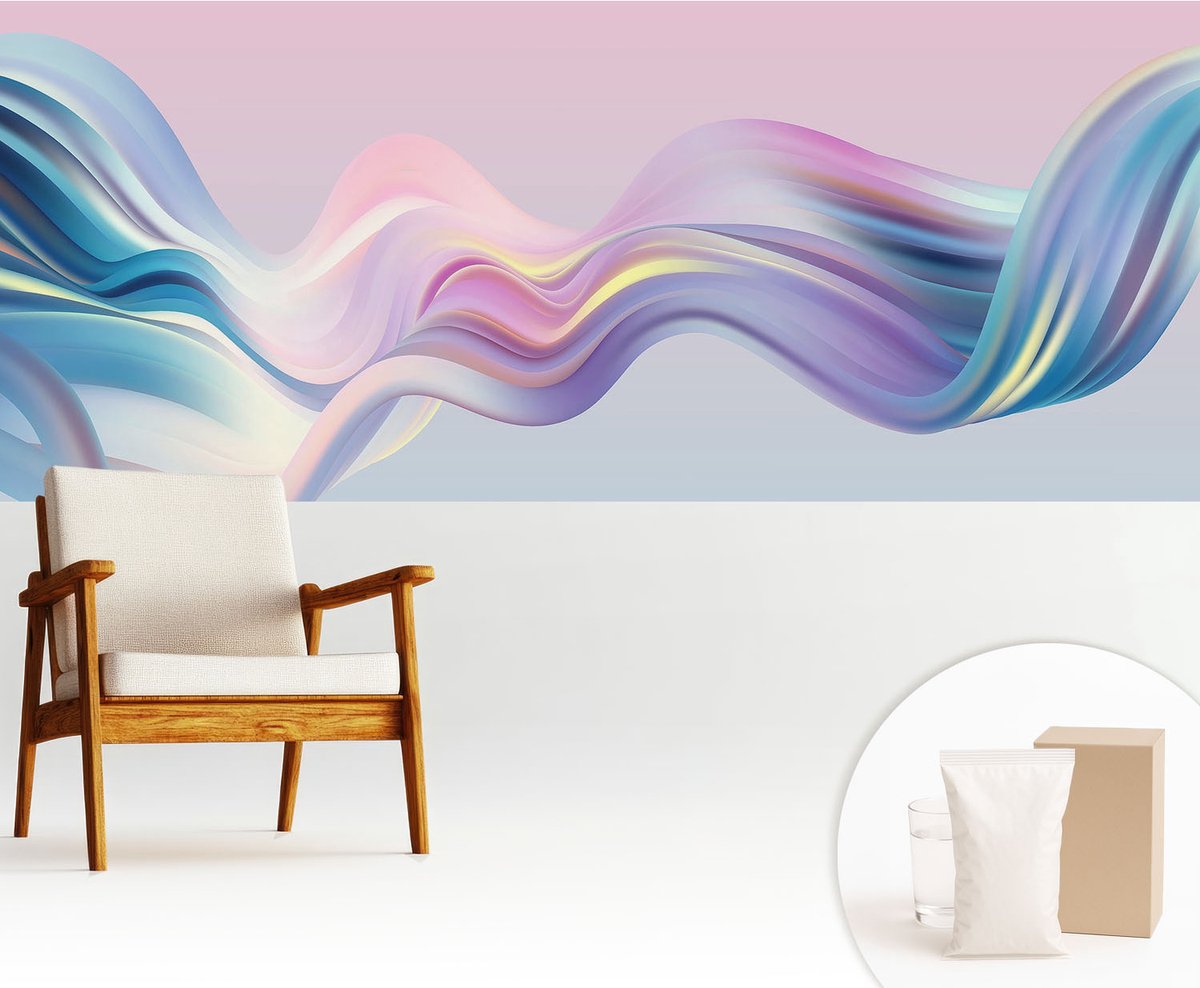 Wallfluent Fotobehang - Roze Vliesbehang - 250x104 cm - Kleurrijke Golven Muurschildering - Slaapkamer behang Abstractie - Fotobehang Vlies - Slaapkamer behang