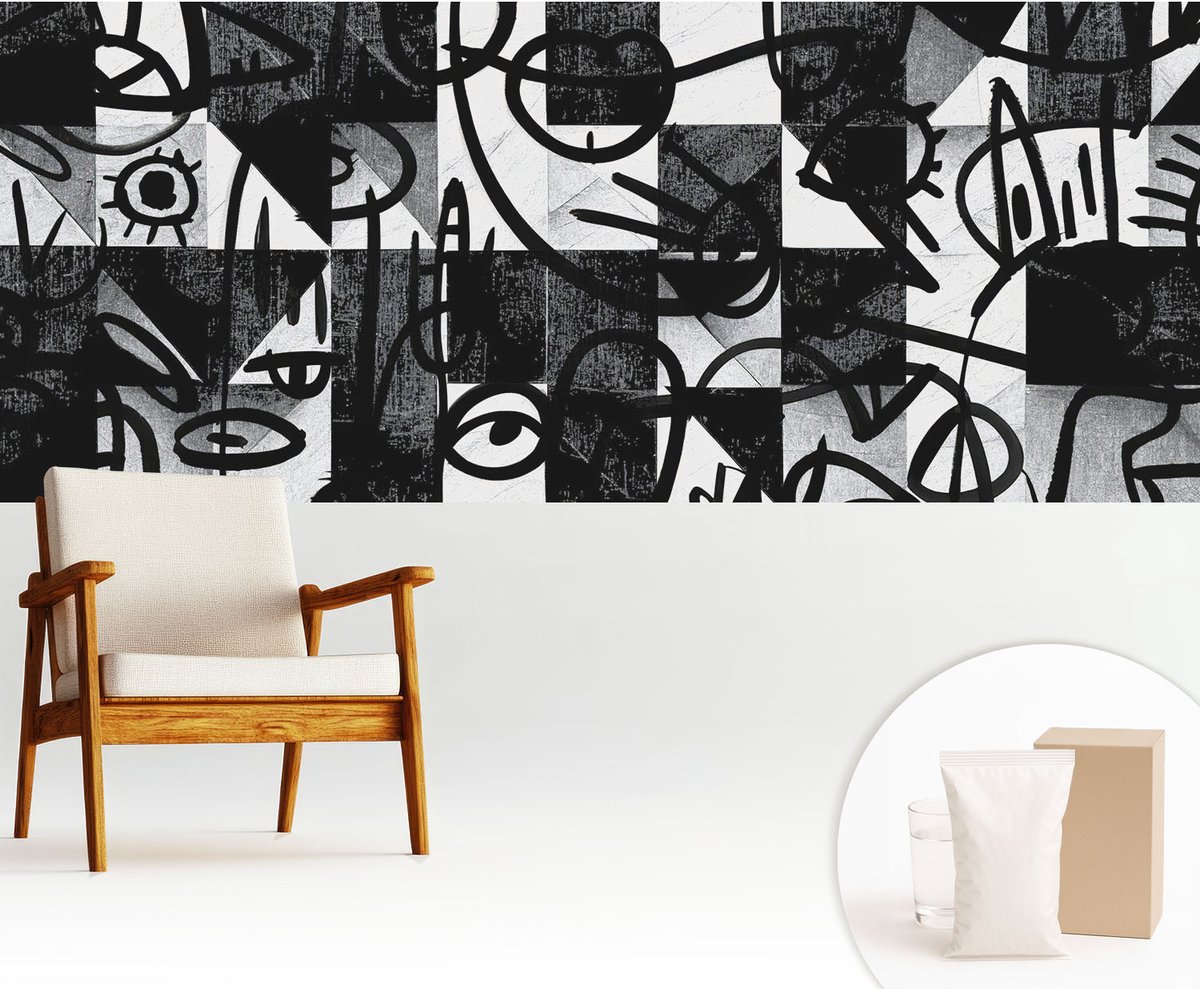 Wallfluent Fotobehang - Zwart Vliesbehang - 250x104 cm - Chaos Tekenen Muurschildering - Slaapkamer behang Abstractie - Fotobehang Vlies - Slaapkamer behang