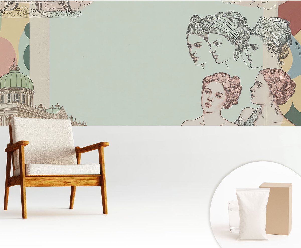 Wallfluent Fotobehang - Beige Vliesbehang - 250x104 cm - Klassieke Collage Fotobehang Vlies - Woonkamer behang Deel - Muurschildering - Hal behang