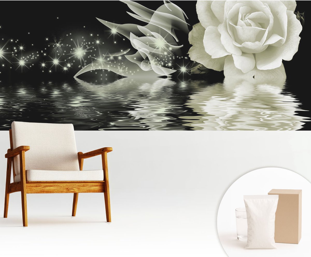 Wallfluent Fotobehang - Wit Vliesbehang - 250x104 cm - Lichtgevende Roos Muurschildering - Slaapkamer behang Bloemen En Planten - Fotobehang Vlies - Gang behang