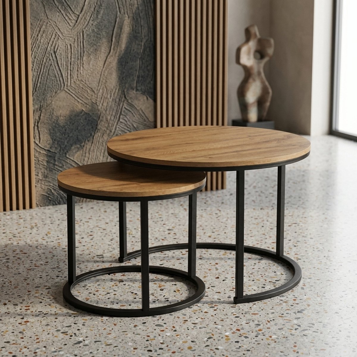 Ronde Salontafel Set van 2 – 70 & 50 cm – MDF Hout – Zwarte Poten