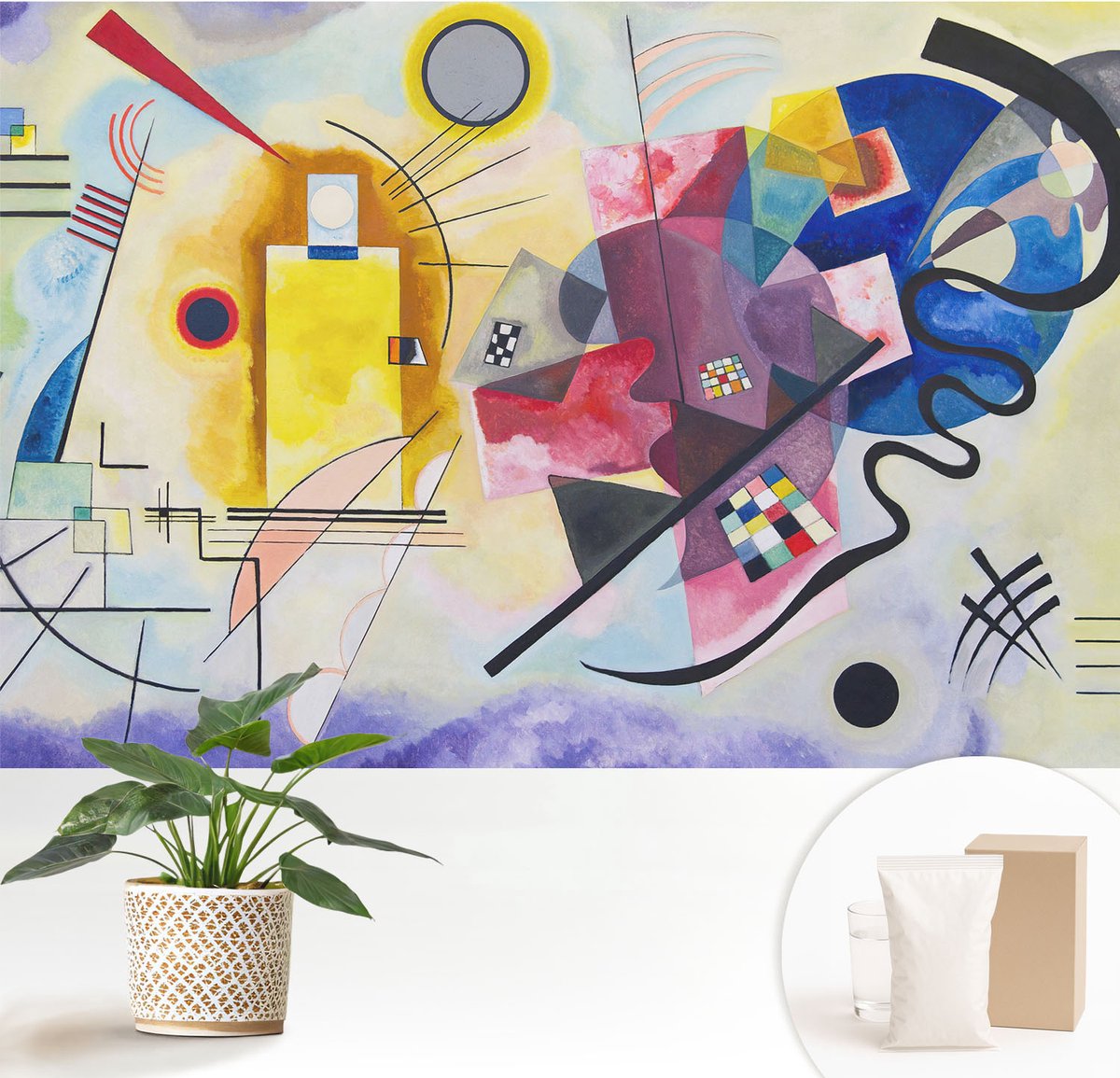 Wallfluent Fotobehang - Geel Vliesbehang - 152x104 cm - Kleurrijke Abstractie Fotobehang Vlies - Hal behang Abstractie - Muurschildering - Woonkamer behang