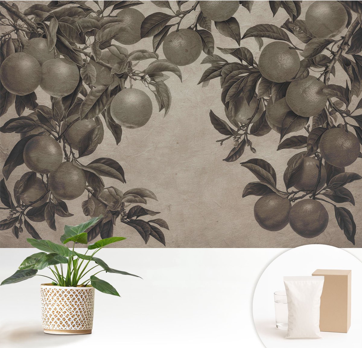 Wallfluent Fotobehang - Grijs Vliesbehang - 152x104 cm - Vruchtpatroon Muurschildering - Slaapkamer behang Bloemen En Planten - Fotobehang Vlies - Gang behang