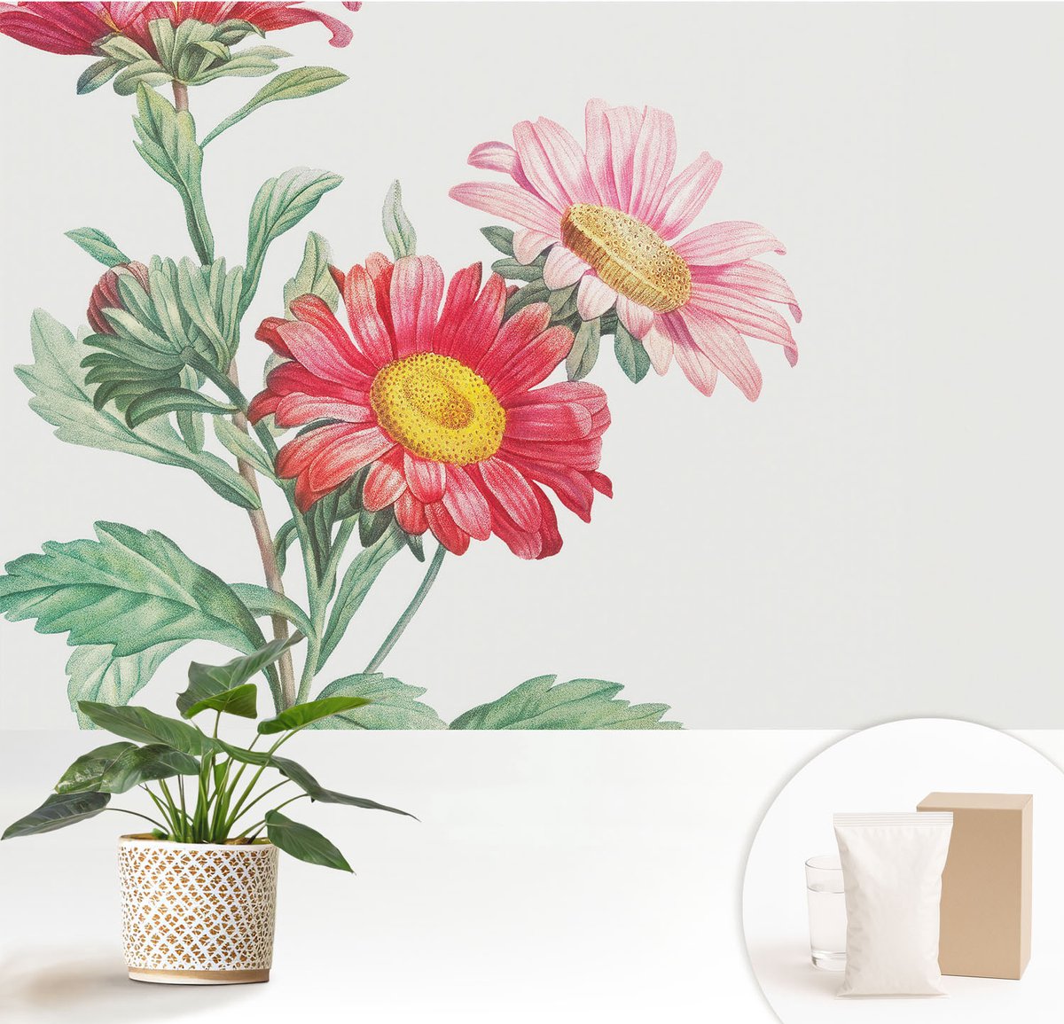 Wallfluent Fotobehang - Rood Vliesbehang - 152x104 cm - Tere Bloemen Fotobehang Vlies - Hal behang Bloemen En Planten - Muurschildering - Woonkamer behang