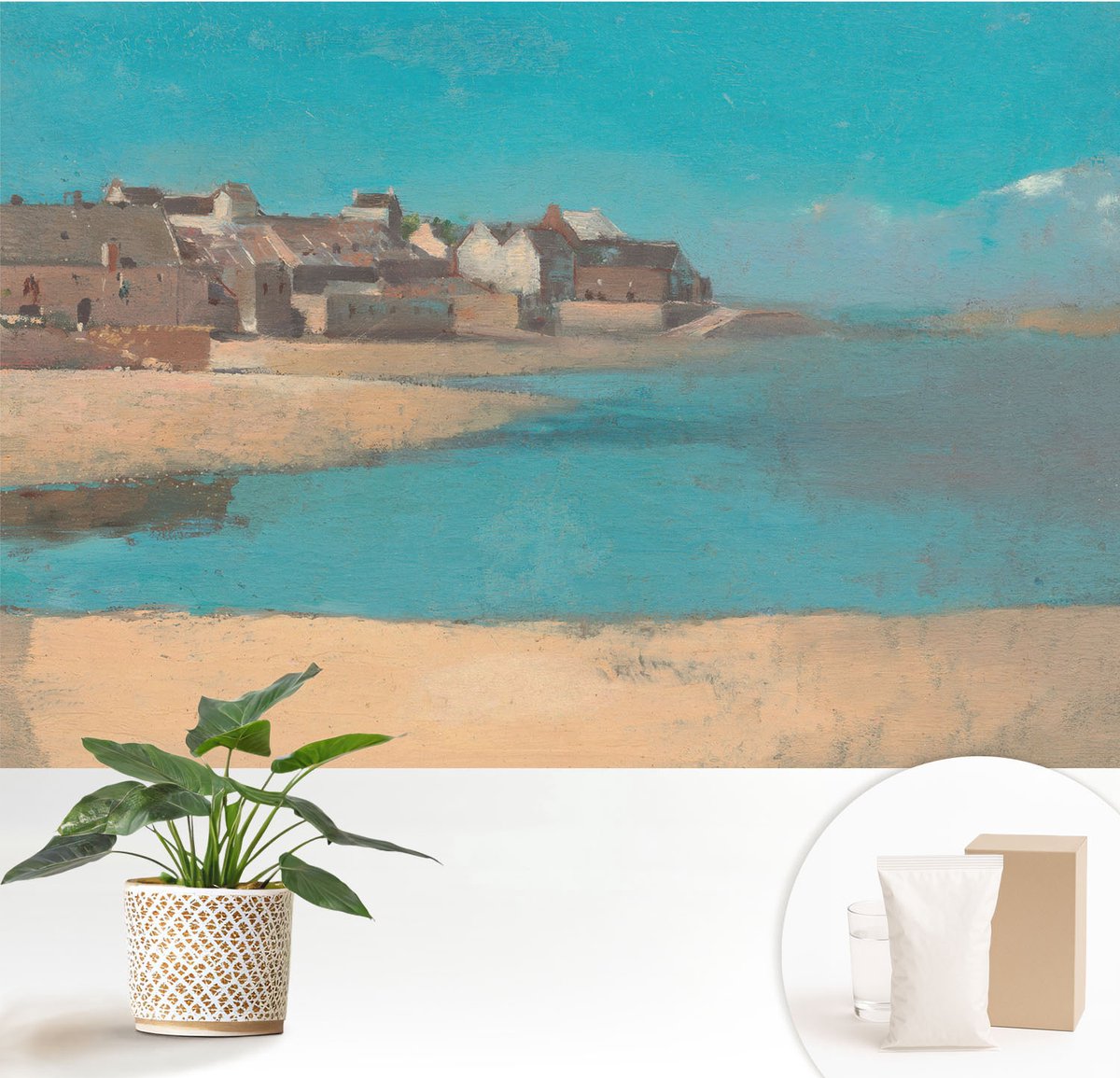 Wallfluent Fotobehang - Blauw Vliesbehang - 152x104 cm - Een Rustig Dorp Muurschildering - Slaapkamer behang Landschappen - Fotobehang Vlies - Gang behang